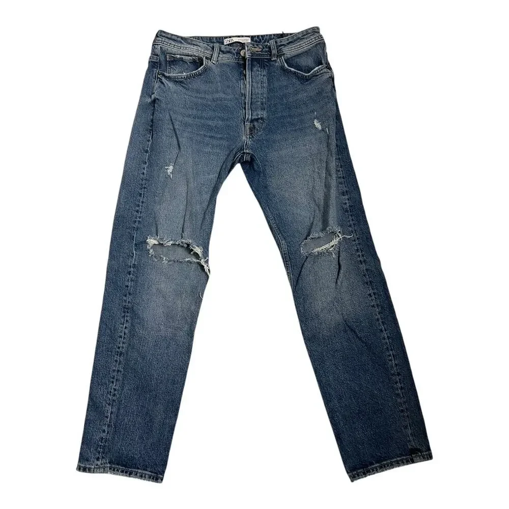 Zara Mens Jeans 32 button Fly Distressed Straight Denim